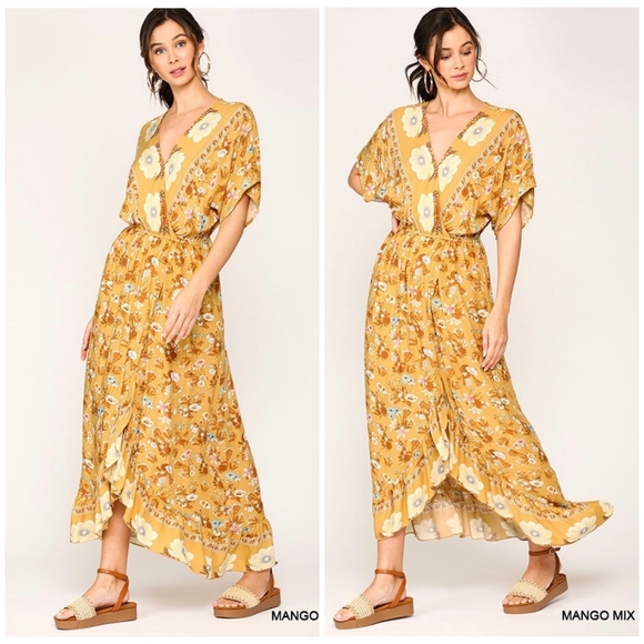 Boho Chic Mustard Kimono Top Ruffle Maxi Dress - Picture 7 of 7